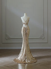 Golden formal dress Sexy Gold Mermaid Long Evening Dresses Prom Gown S6954
