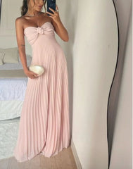 Pink Strapless A-Line Pleated Elegant Long Prom Dress Wedding Guest Dress Evening Party Dress S7069