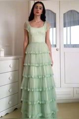 Sage Green A-Line Tiered Elegant Long Prom Dress S6966