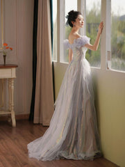 Purple Off Shoulder Tulle Sequin Long Prom Dress, Purple Formal Dress S7172
