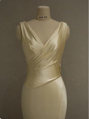 Pastel Yellow Satin Backless Mermaid Long Prom Dress S7065