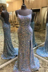 Double Straps Lace-Up Sequins Long Prom Dress with Slit S5308