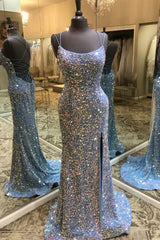 Double Straps Lace-Up Sequins Long Prom Dress with Slit S5308