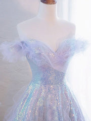 Purple Off Shoulder Tulle Sequin Long Prom Dress, Purple Formal Dress S7172