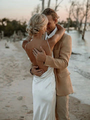 Column Spaghetti Straps V Neck Sleeveless Wedding Dress Formal Women's Dresses S6965