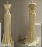 Pastel Yellow Satin Backless Mermaid Long Prom Dress S7065