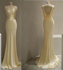 Pastel Yellow Satin Backless Mermaid Long Prom Dress S7065