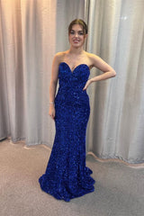 Sweetheart Royal Blue Sequin Mermaid Long Prom Dress with Lace Up Back S5321