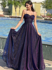 Elegant Spaghetti Straps A-line Tulle Long Prom Dresses S7148