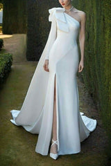 One Shoulder Mermaid Wedding Dresses Side Split Satin Long Bridal Gowns Elegant White Ivory Bride Reception Dress S7056