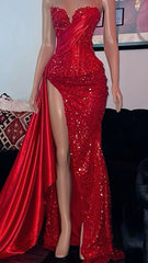 Sleeveless Sequins High Slit Mermaid Prom Dress with Satin Train Formal Dress S7170