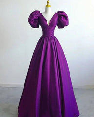Satin A-line Short Sleeves Long Formal Dress, Prom Dress S5323