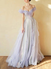 Purple Off Shoulder Tulle Sequin Long Prom Dress, Purple Formal Dress S7172