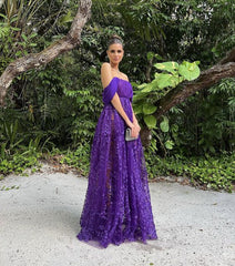 Purple A-Line Off Shoulder Floral Long Prom Dress Party Dress S5337