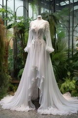 White Wedding Dresses Long Sleeves High Low Bridal Gown S7137