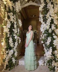Sage Green A-Line Tiered Elegant Long Prom Dress S6966
