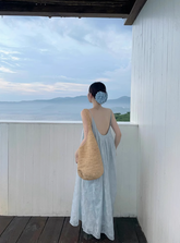 French pleated backless blue suspender dress temperament loose seaside holiday long skirt R0240