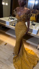 Gold Mermaid Off Shoulder Beaded Long Prom Dress Evening Formal Dress S7090