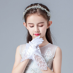Lace Beaded Satin Stretch Children Wedding Dress Flower Girl Dress Gloves Performance Dance S6247