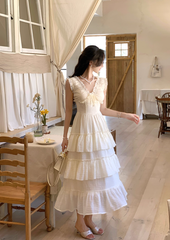 French retro V-neck ruffled cake skirt sleeveless gentle style holiday long skirt R4298