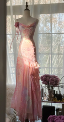 Light pink floral print halter-neck fitted bodycon long ball gown R7710