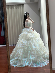 White off-the-shoulder, fitted waist, tiered, full skirt, long ball gown R8638