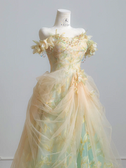 Light yellow off-the-shoulder fitted waist ball gown with a full skirt R8219