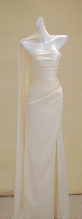 Apricot Strapless Waist Slim Pleated Satin Maxi Bridal Dress R5762