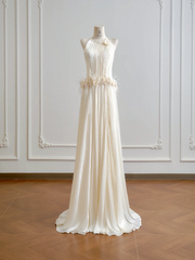 Light apricot halter neck fitted waist long elegant ball gown R8190