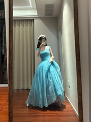 Lake blue halter-neck fitted waist puff skirt long ball gown R8852