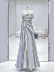 Gray halter-neck fitted long ball gown R6475