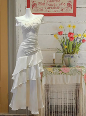 White satin slim waist pleated ruffle skirt long dress, ball gown R6236