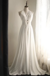 White halter-neck fitted long ball gown R6794