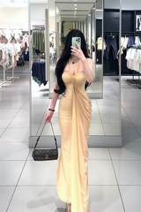 Apricot halter neck sexy fitted waist long ball gown R7902