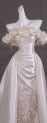 White one-shoulder flower waist slim sexy satin long dress bridal gown R5763