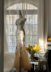 Light champagne gold strapless fitted waist bodycon long ball gown R7711