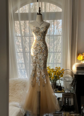 Light champagne gold strapless fitted waist bodycon long ball gown R7711