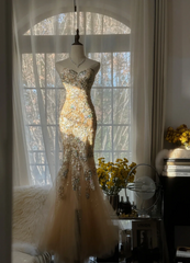 Light champagne gold strapless fitted waist bodycon long ball gown R7711