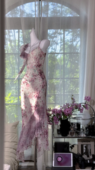 Light purple floral print halter-neck fitted bodycon long ball gown R7632
