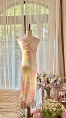 Pastel halter-neck fitted long ball gown for a sweet and girly look R7751