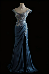 Retro light blue sequined halter-neck fitted long ball gown R6756