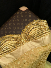 Gold strapless beaded fitted long ball gown R6956
