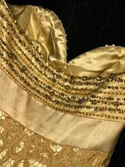 Gold strapless beaded fitted long ball gown R6956