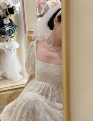 Light apricot square-neck lace puff-sleeve long elegant prom dress R7982