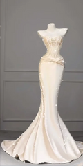 Champagne Strapless Fitted-Waist Slim-Fit Hip-Hugging Mermaid-Length Prom Dress R6517