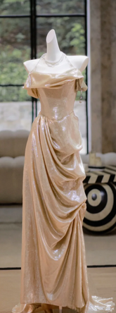 Champagne color halterneck sequined waist slim pleated sexy long dress bridal gown R5800