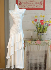 Light-colored suspender satin pleated waist slim ruffled skirt long dress, ball gown R6239
