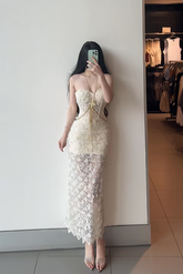 Light apricot strapless fitted waist slim lace skirt sexy long ball gown R7904