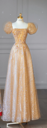 Yellow Puff-Sleeve Fitted-Waist Slim-Fit A-Line Long Bridal Gown R5917