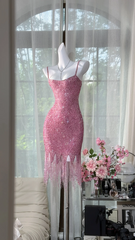 Rose pink sequined halter top, fitted waist, bodycon short ball gown R7634